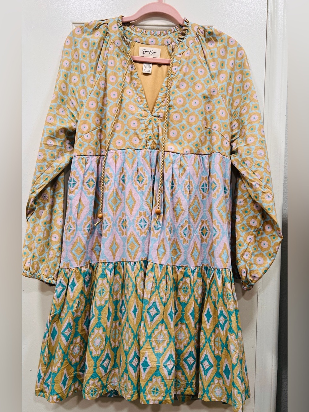 Jessica Simpson Boho Patchwork Dress Medium Cotton Long Sleeve Mini